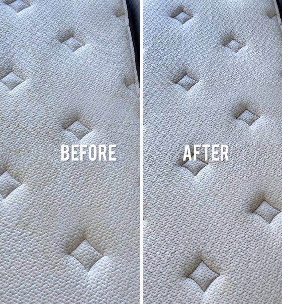 A before and after matress cleaning photo. First image shows a soiled, dirty mattress and the next image shows the results after cleaning