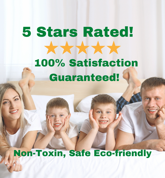 Matress cleaning Happy family smiling while laying on a bed.