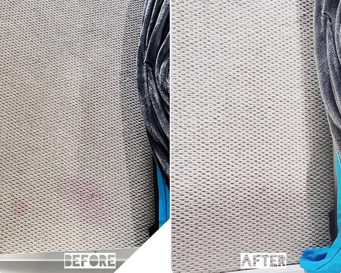 Dry Carpet Cleaning Before and after photo Before and after photo showing stained carpet and then a clean carpet after being cleaned using our dry carpet cleaning service.